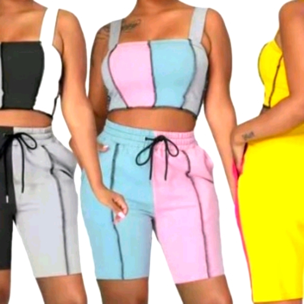 Pink/Blue and Grey-Color Block Short Set